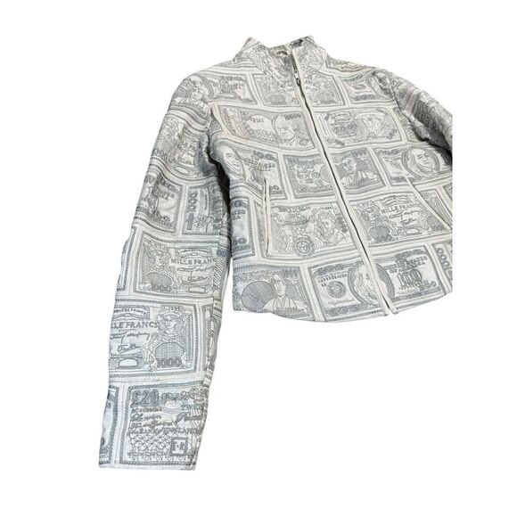 VTG RARE 90s Pelle Moda White Leather Money Print Jacket Sz L Currency $$$ - Picture 4 of 16